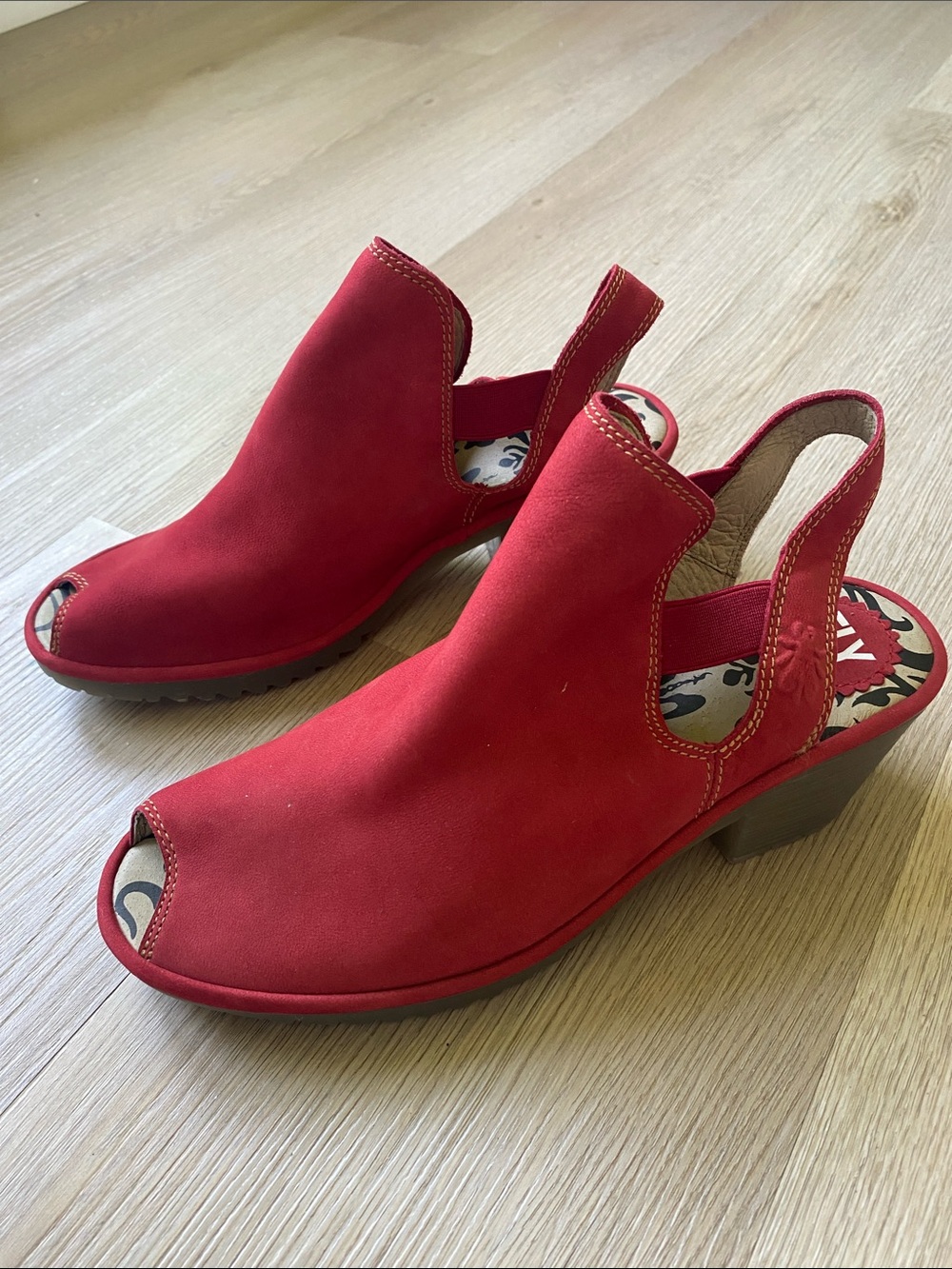 Fly London Red Leather Peep Toe Slingback Booties EU 40 US 9 9.5 Comfort Heels